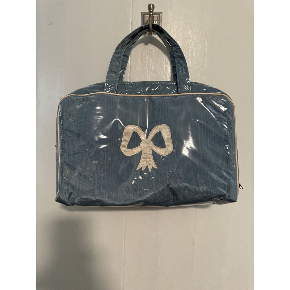Women’s Travel Toiletry Bag Waterproof Clear Coated  Blue Ribbon Set Of 3
